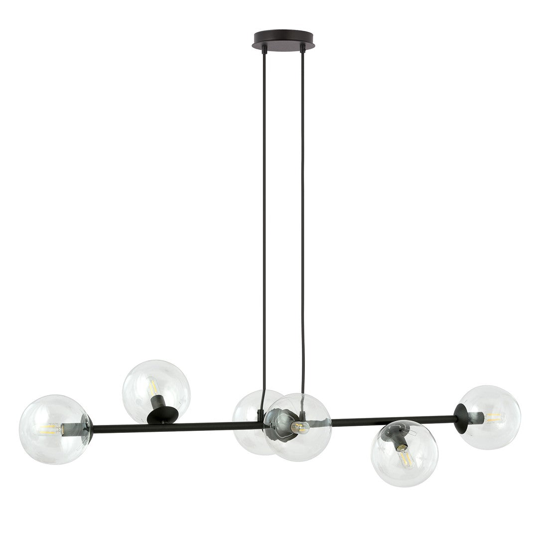 Vue de face du luminaire suspendu, barre noire et globes transparents alignés.