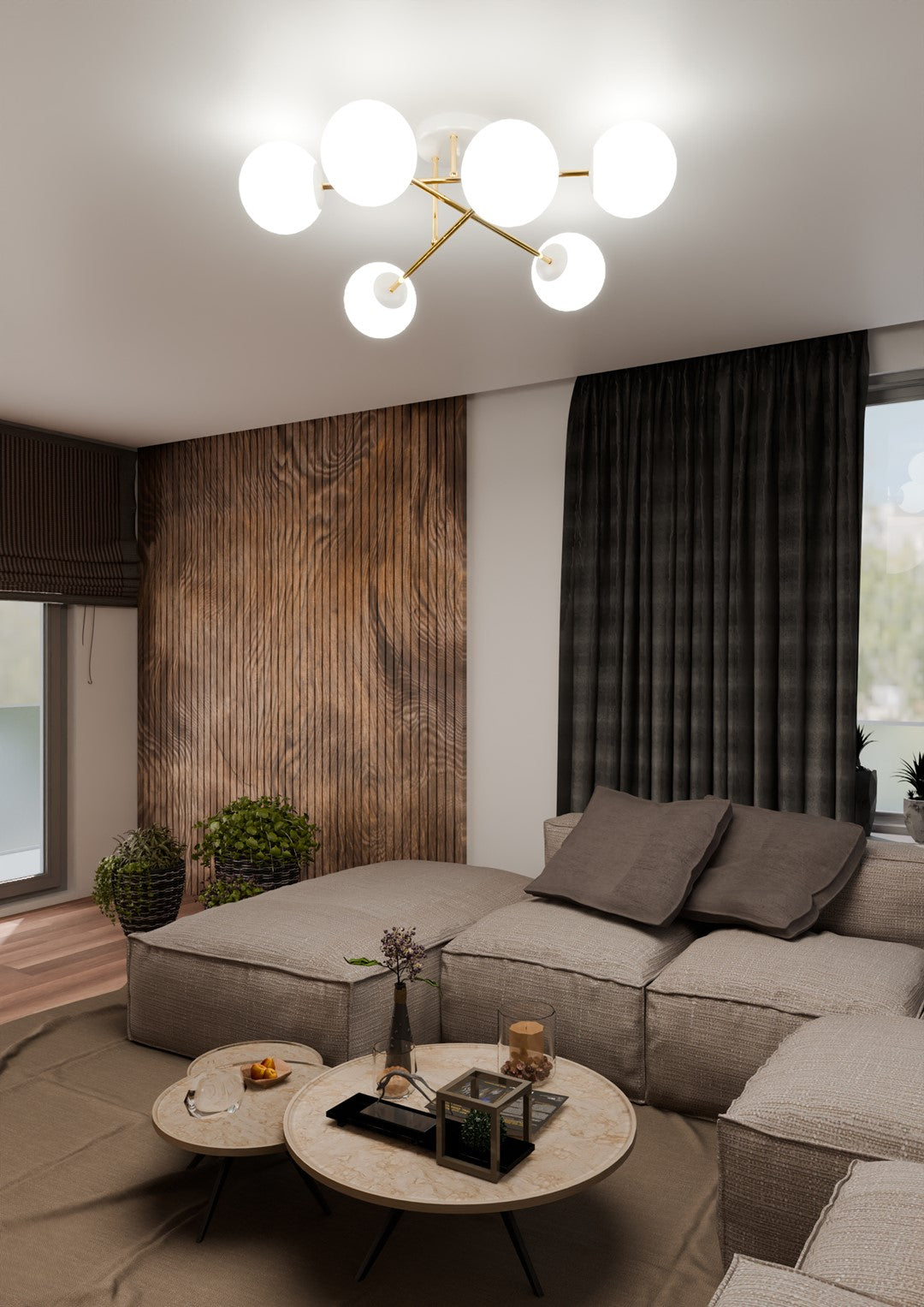 Mise en ambiance salon moderne, plafonnier allumé au-dessus d'un canapé gris