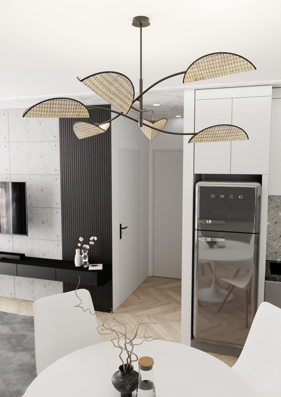 Mise en ambiance dans une cuisine-salle à manger, suspension au-dessus d'une table ronde.
