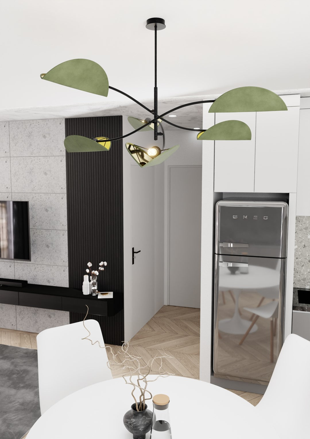 Mise en ambiance au-dessus d'une table dans une pièce au mobilier blanc et noir.
