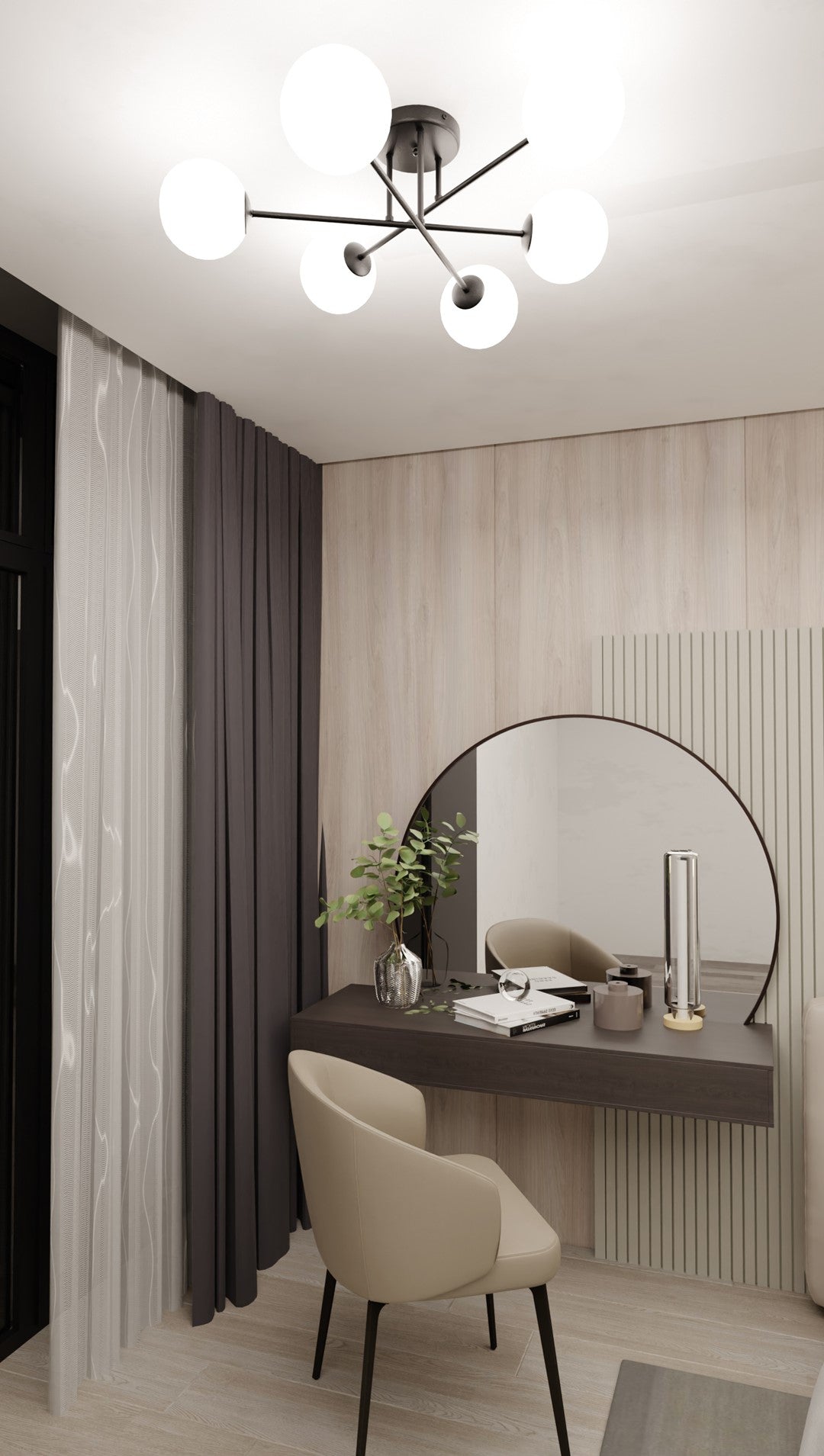 Mise en ambiance au plafond d'un coin coiffeuse, pièce beige et bois clair