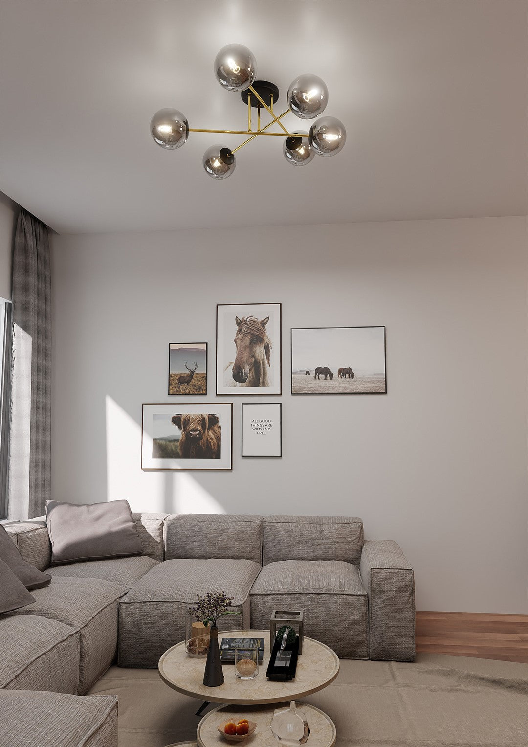 Mise en ambiance salon, luminaire allumé au plafond au-dessus d'un canapé gris
