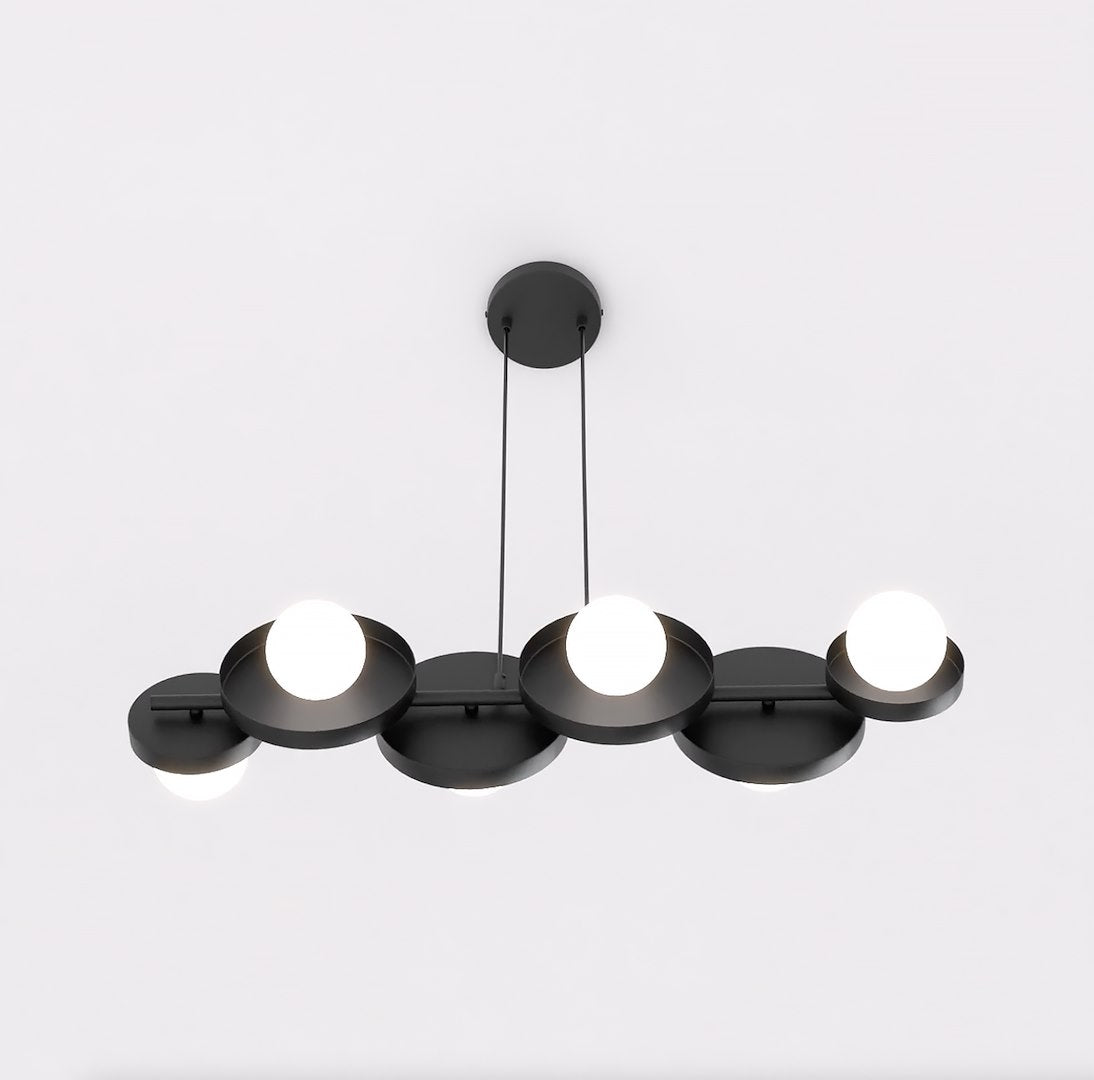 Autre angle, globes blancs saillants sur disques noirs superposés en ligne