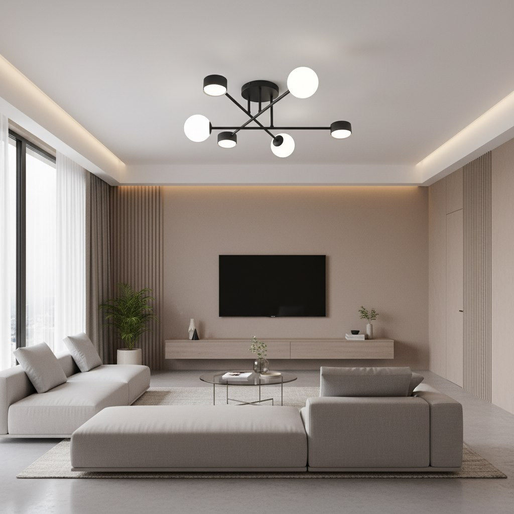Plafonnier allumé dans un salon beige moderne avec canapé, télévision et plante