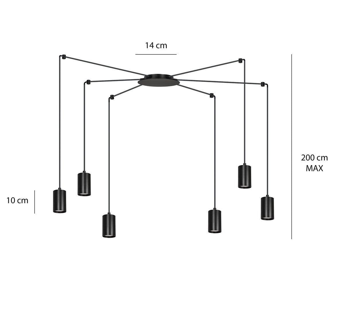 Schéma coté montrant rosace 14 cm, hauteur maximale 200 cm et spots