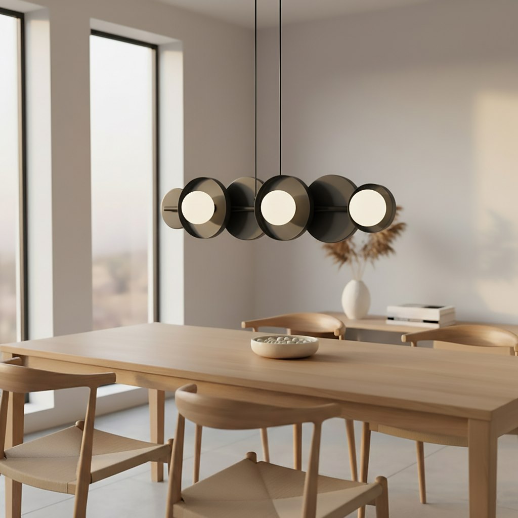 Mise en ambiance au-dessus d'une table à manger en bois, intérieur clair