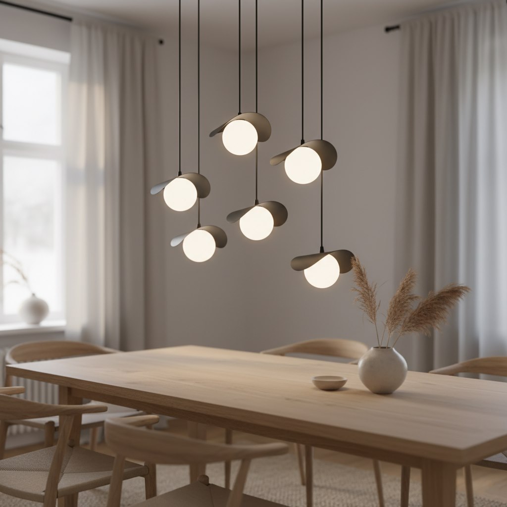 Mise en ambiance au-dessus d'une table en bois, suspension allumée dans salle à manger claire.