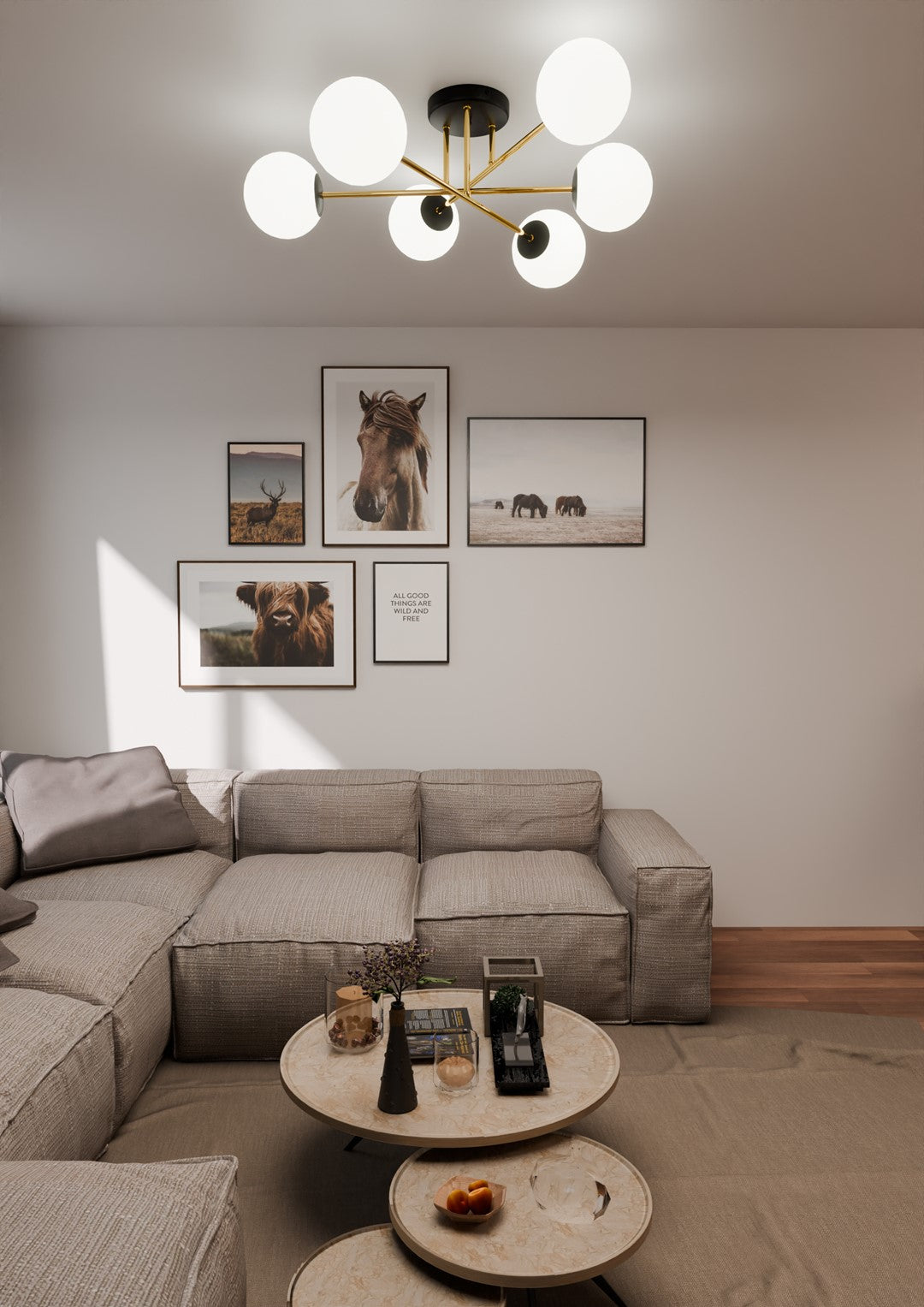 Vue en situation dans un séjour, luminaire fixé au plafond près de cadres animaliers.