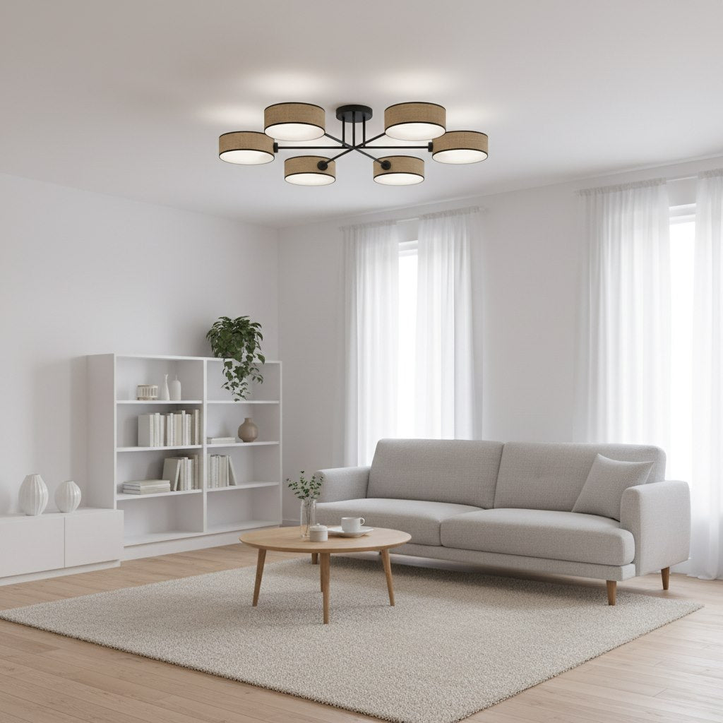 Mise en ambiance du plafonnier allumé dans un salon clair au décor scandinave