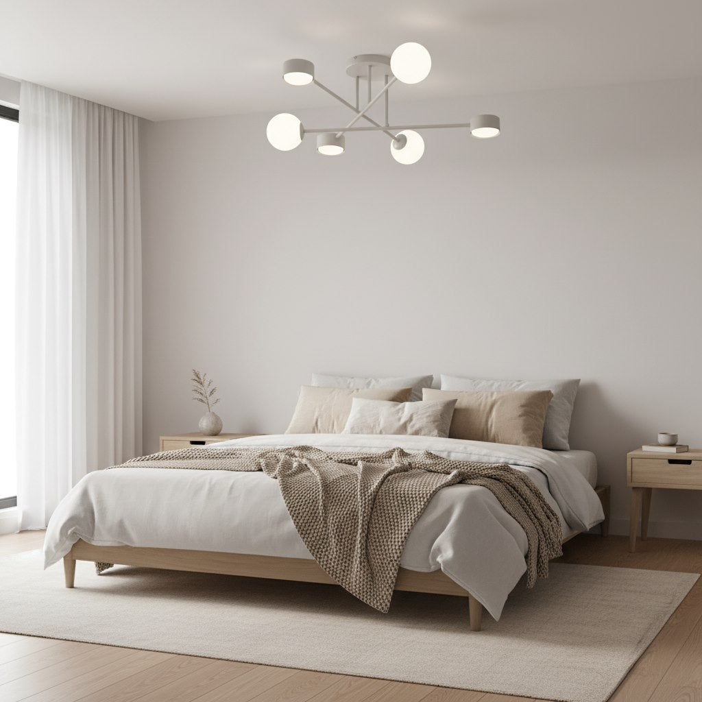 Mise en ambiance dans une chambre claire, lit en bois et linge de lit beige