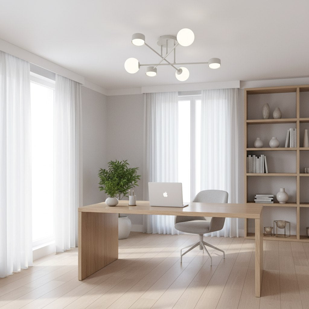 Mise en ambiance dans un bureau clair, plafonnier blanc au-dessus d'un bureau en bois