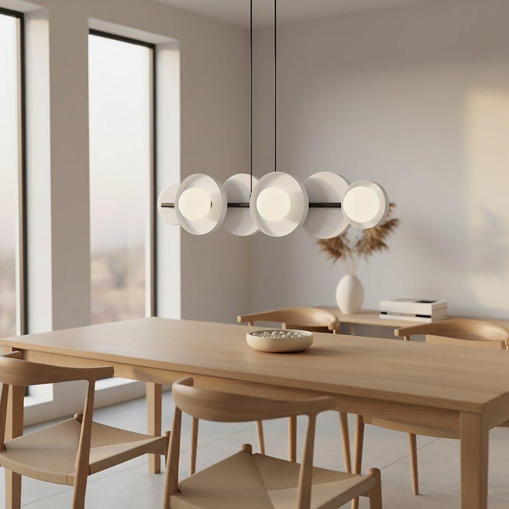 Mise en ambiance au-dessus d'une table à manger en bois clair, intérieur contemporain