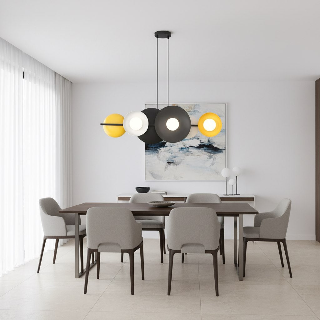 Mise en scène au-dessus d'une table de salle à manger blanche et bois clair