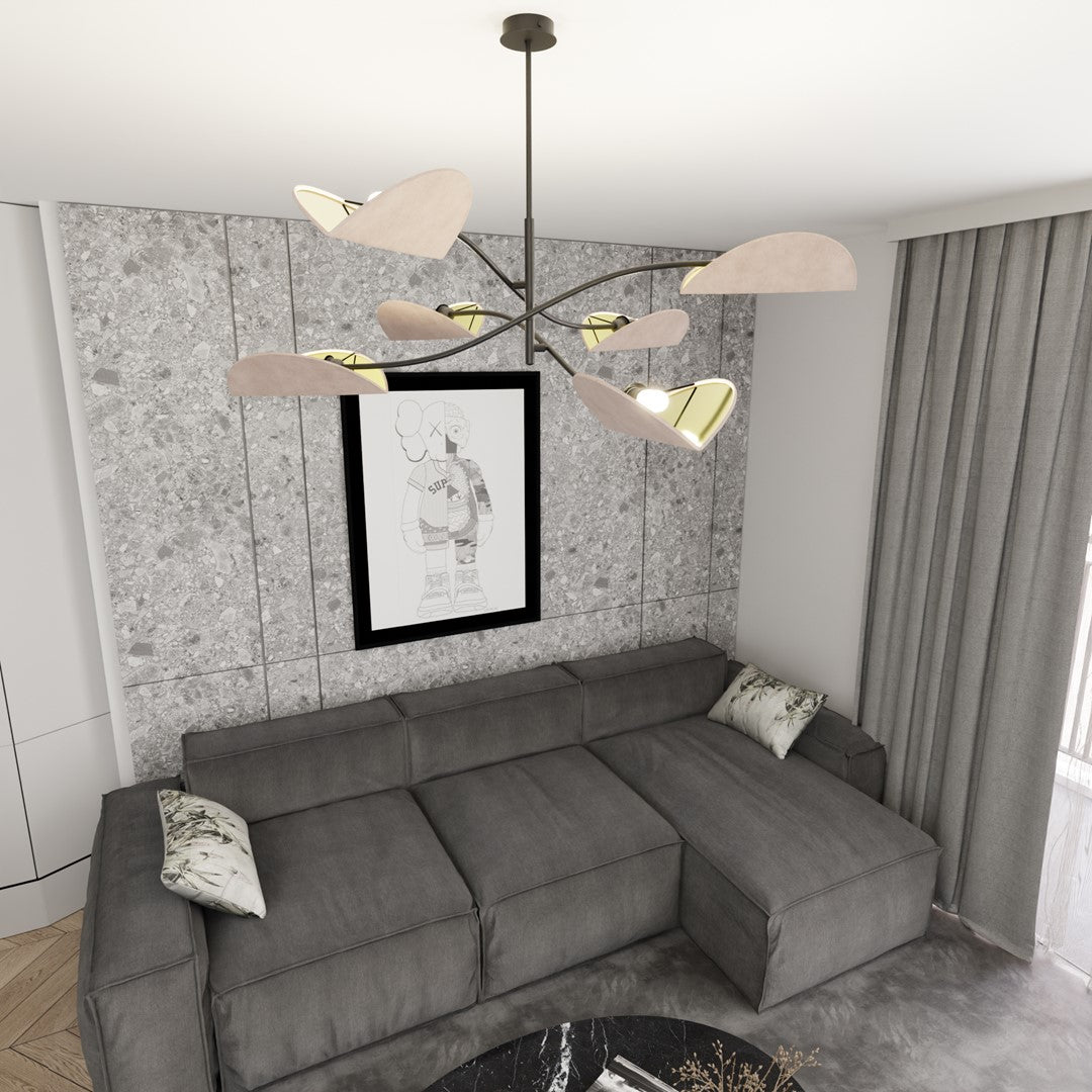 Gros plan sur les abat-jours beiges et l'intérieur doré des six lumières