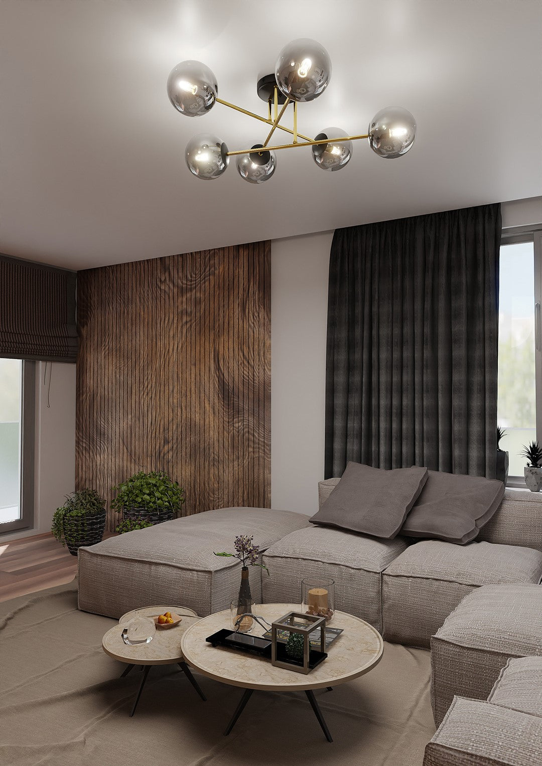 Ambiance intérieure avec canapé d'angle, mur bois et plafonnier à globes