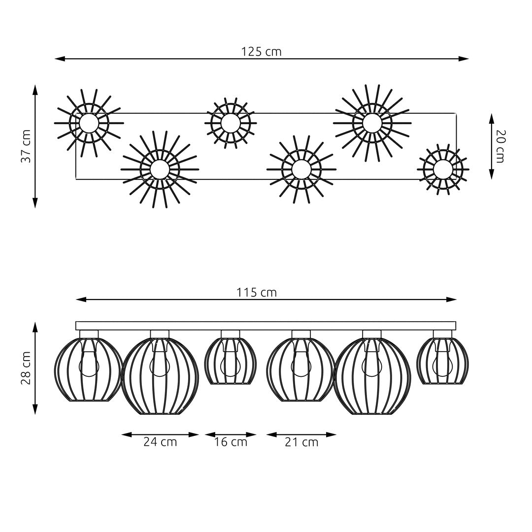 Schéma technique coté du plafonnier : dimensions 125 cm de long et 28 cm de haut.