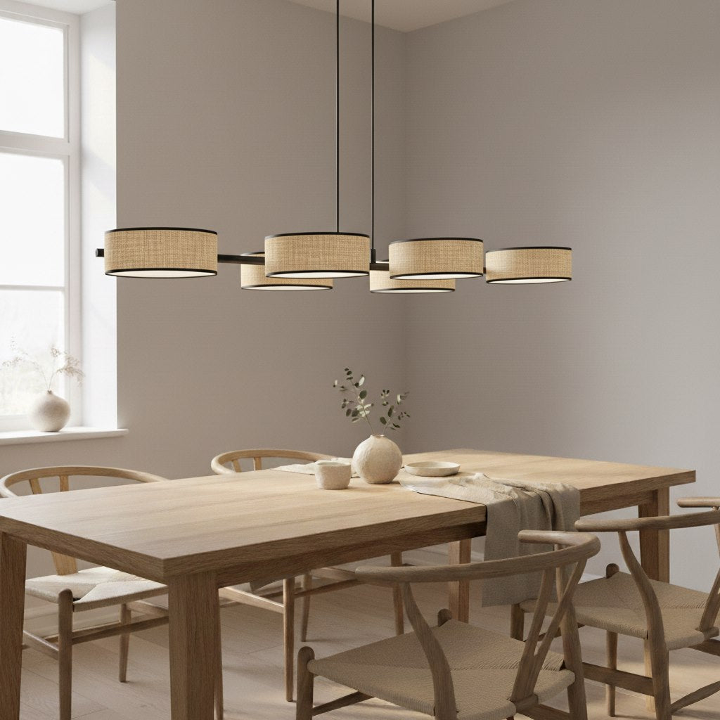Mise en ambiance au-dessus d'une table à manger en bois clair