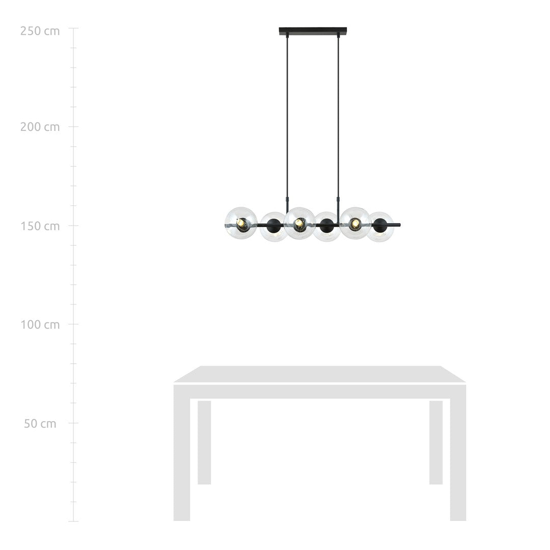 Simulation d'installation au-dessus d'une table avec repères de hauteur de 50 à 250 cm