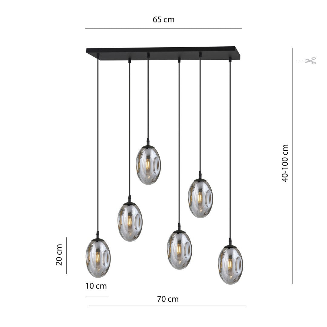 Schéma coté du produit : largeur 65 cm, chute réglable de 40 à 100 cm