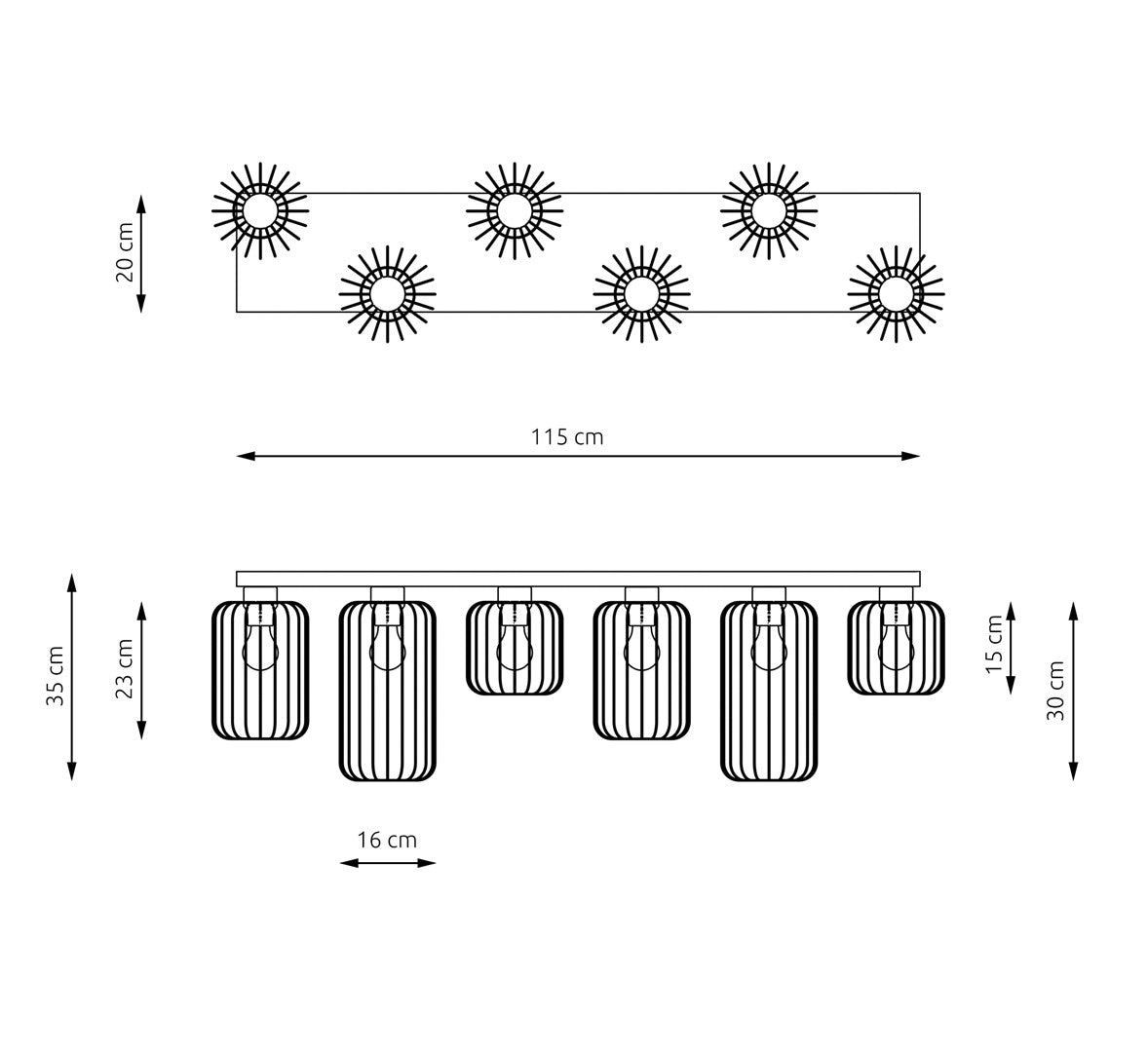 Schéma technique coté du plafonnier, avec dimensions en centimètres et disposition des cages.