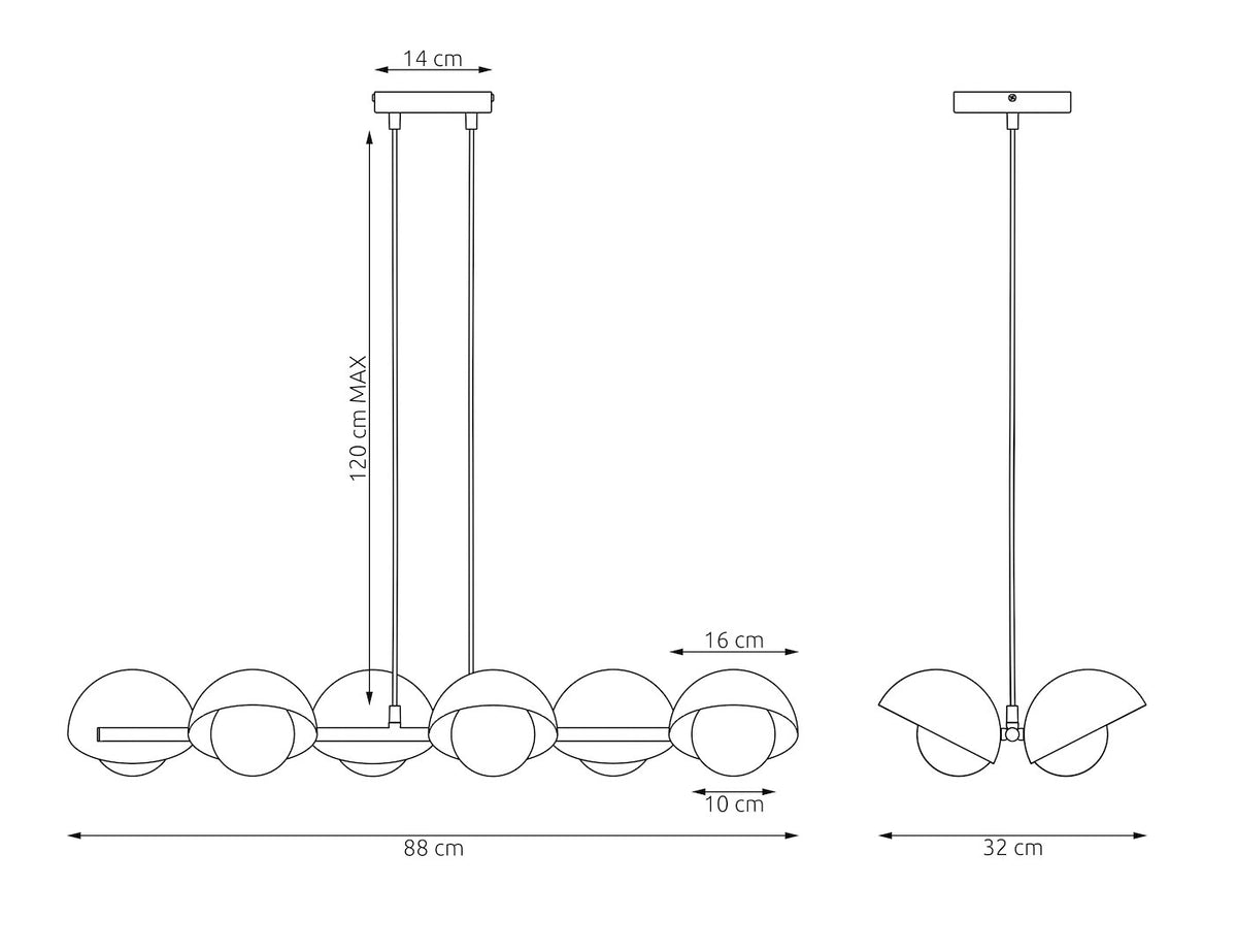 Schéma coté du luminaire avec hauteur maximale et dimensions de la barre