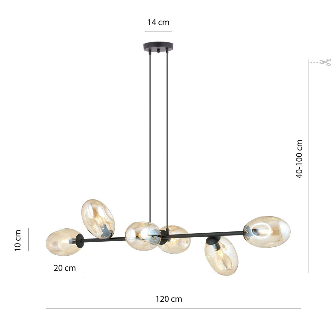 Schéma de dimensions du luminaire avec hauteur réglable et largeur indiquée.