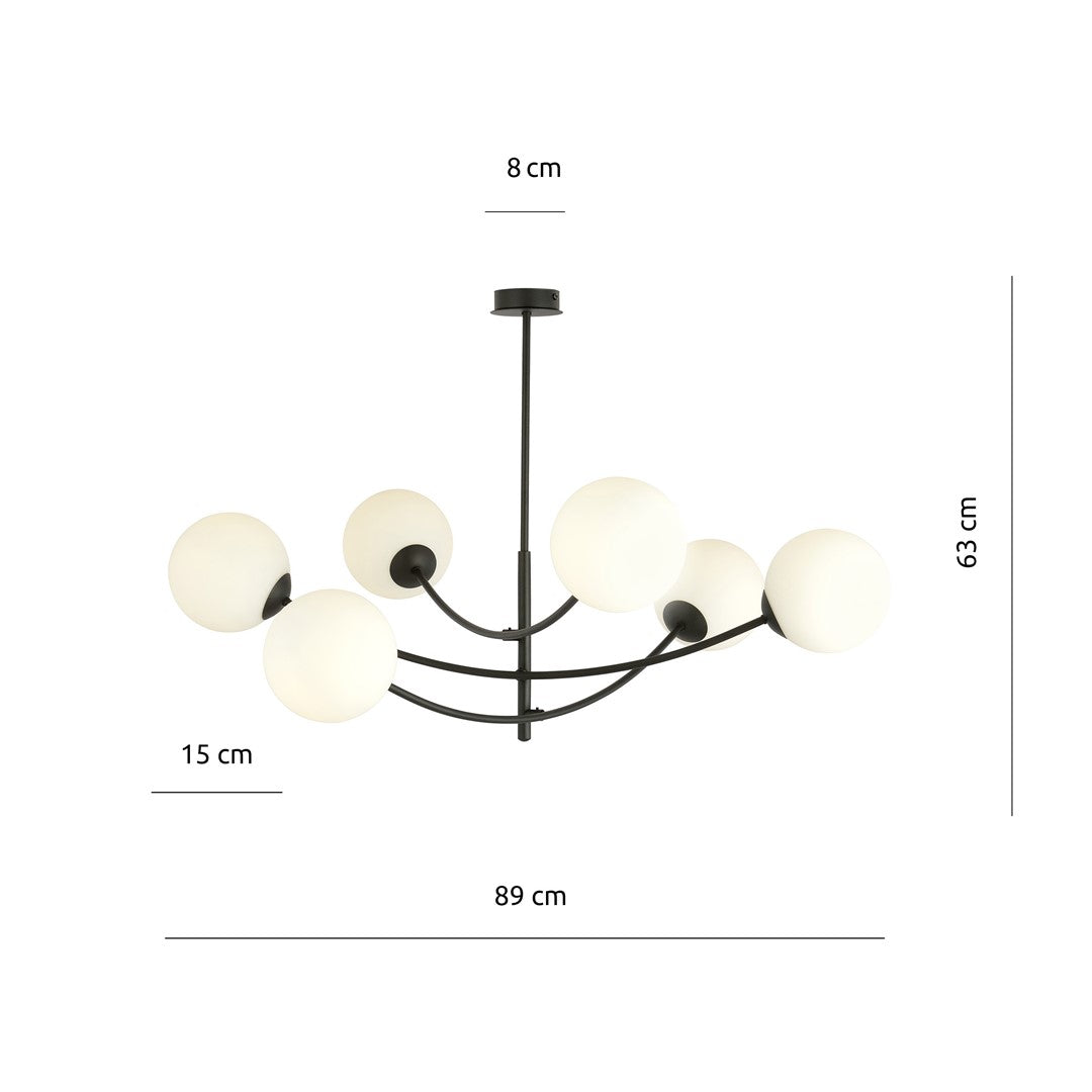 Schéma coté du luminaire : largeur 89 cm, hauteur 63 cm, rosace 8 cm