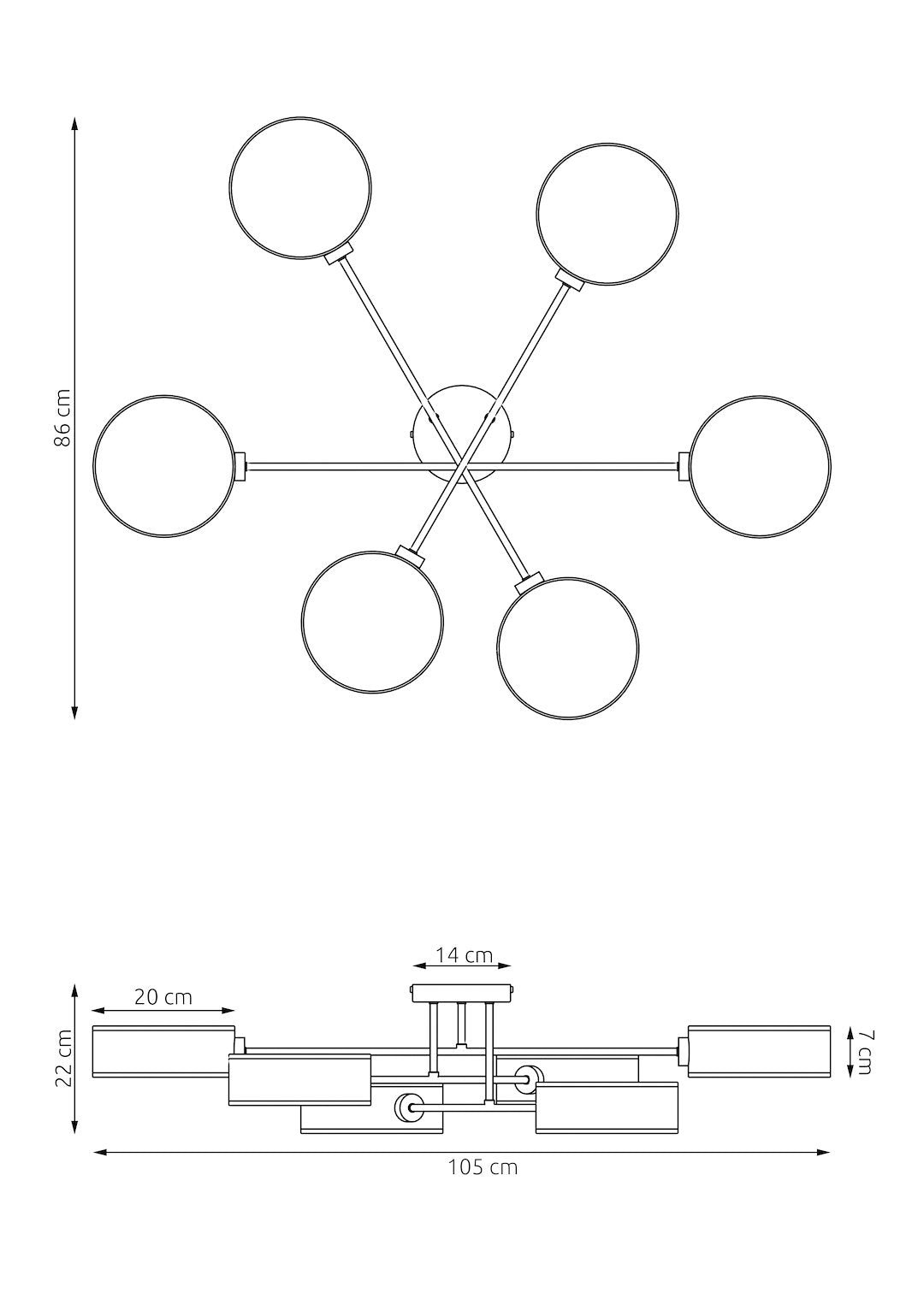 Schéma coté du produit : encombrement au sol et vue de profil avec dimensions en centimètres
