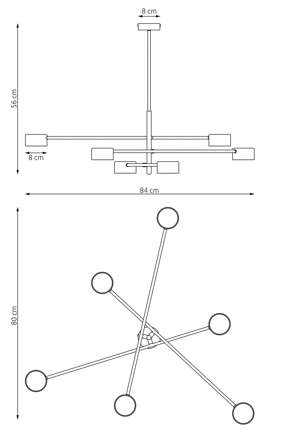 Schéma coté du luminaire : diamètre 84 cm, hauteur 56 cm, rosace 8 cm.