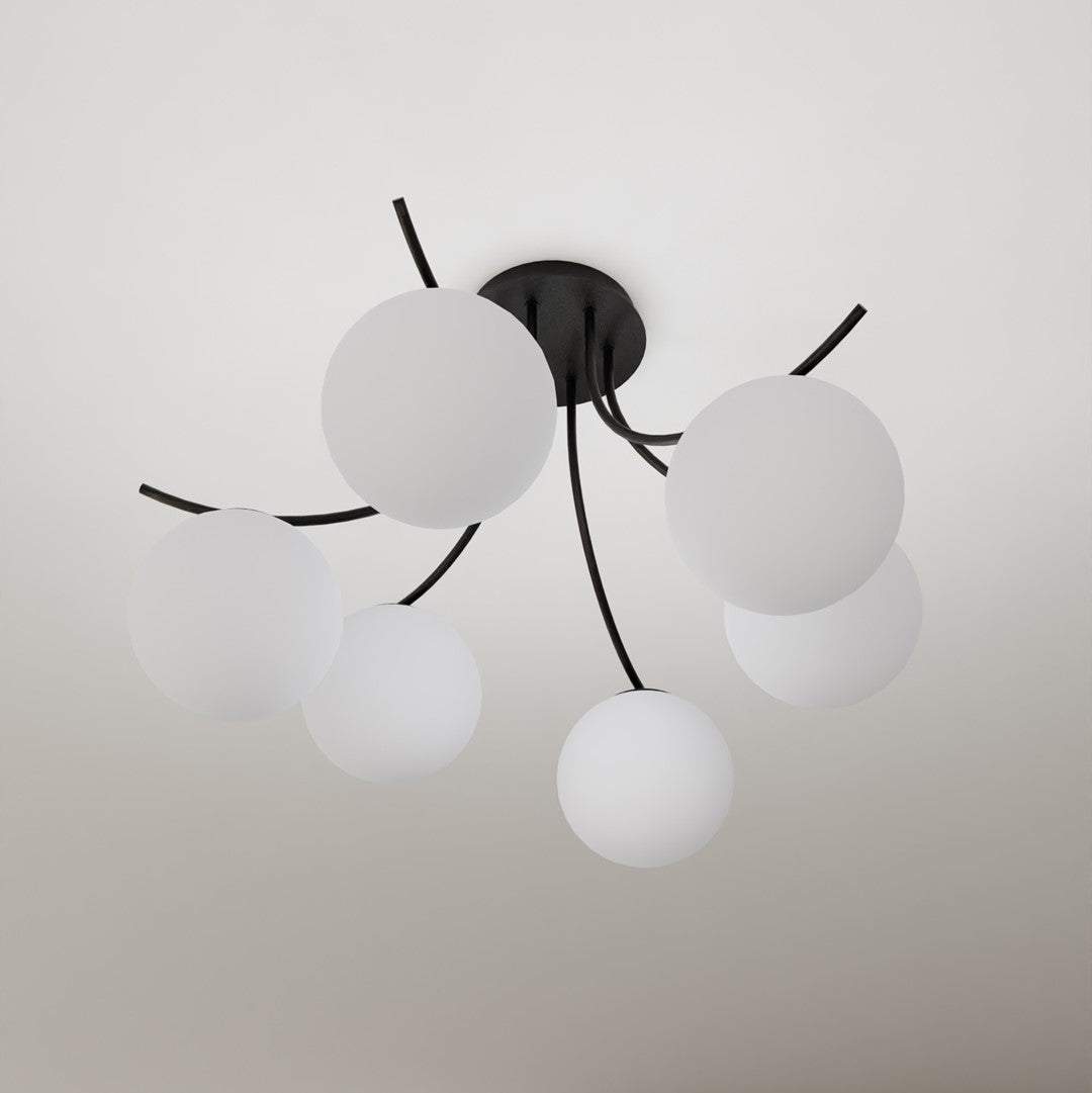 Gros plan du plafonnier noir et de ses six globes opale, fixé au plafond blanc.