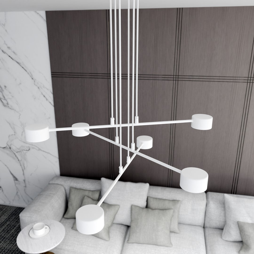 Ambiance intérieure avec canapé, suspension blanche à bras divergents au-dessus