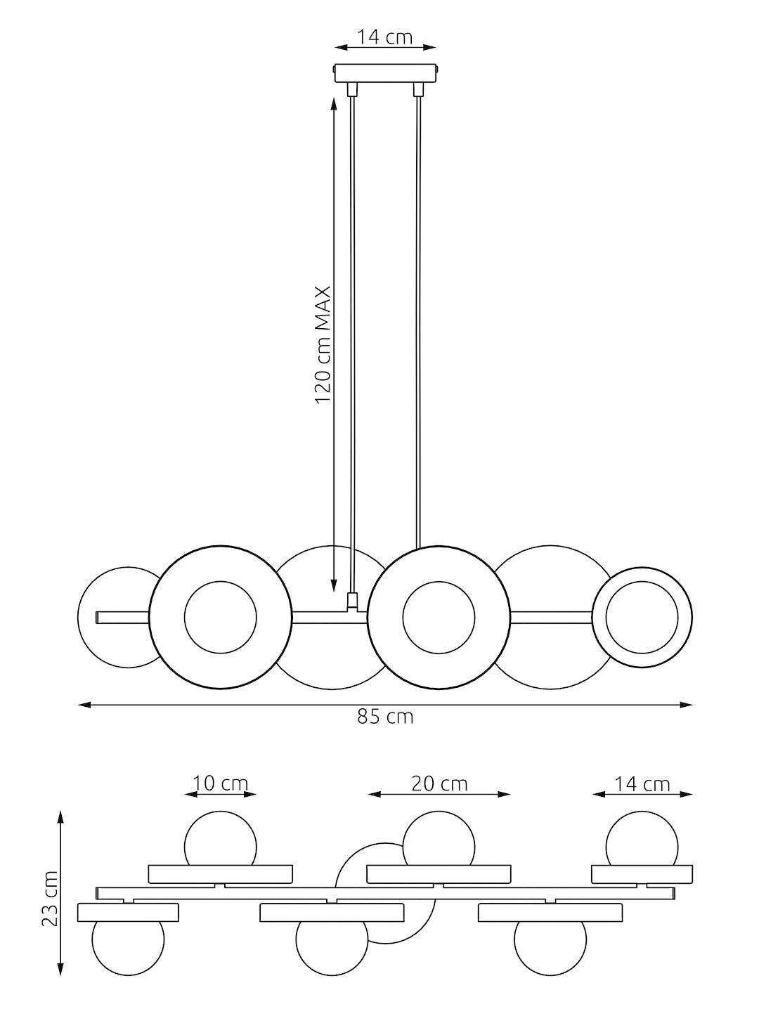 Schéma coté du luminaire avec largeur 85 cm et hauteur réglable