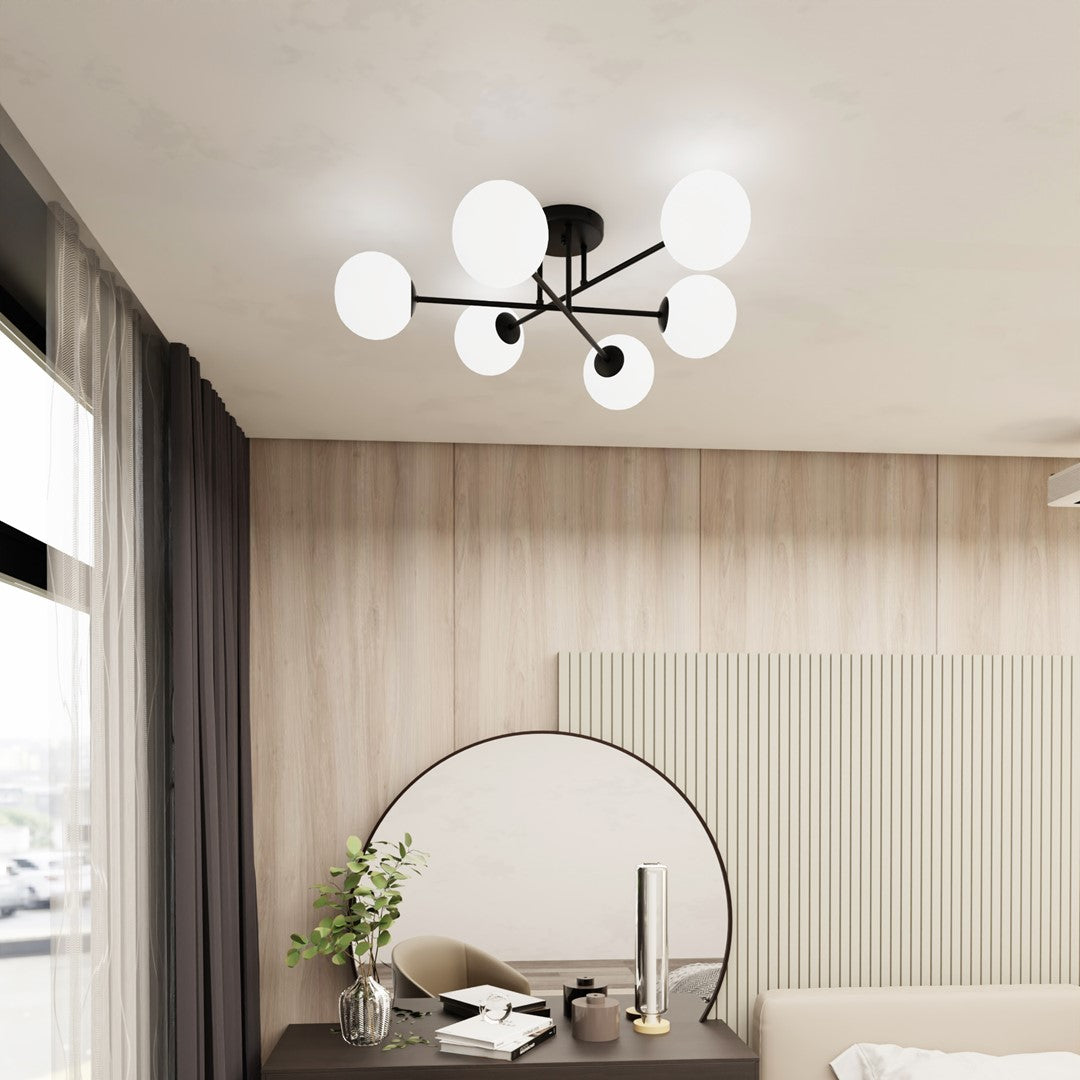 Ambiance de chambre, plafonnier lumineux diffusant une lumière chaude sur les murs