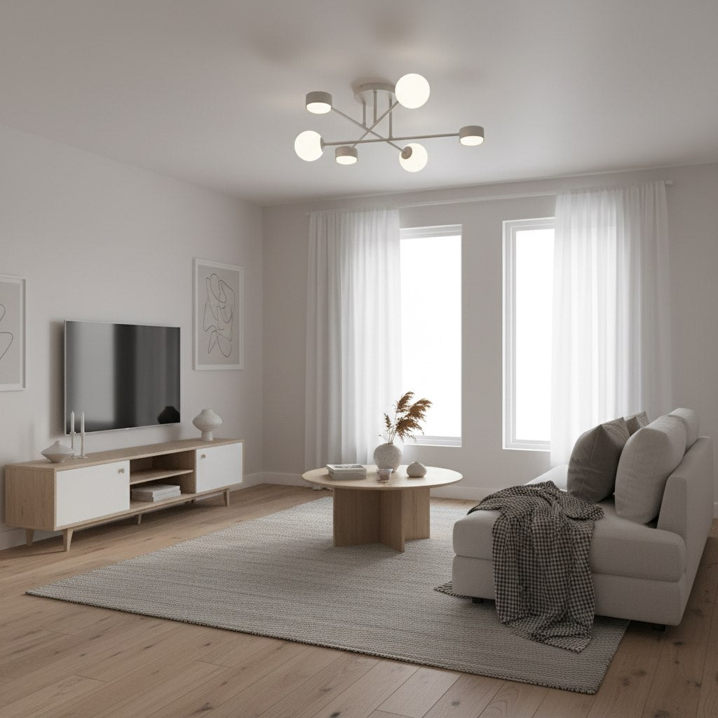 Mise en ambiance dans un salon moderne, canapé blanc et meuble TV en bois