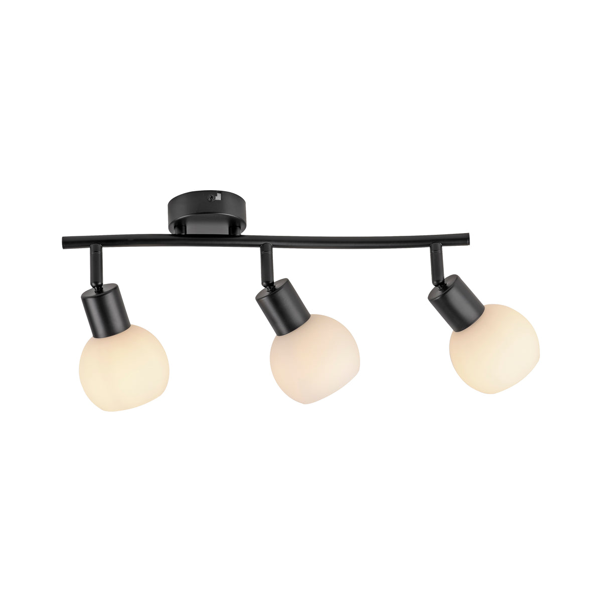 Vue de face sur fond blanc du luminaire noir avec trois diffuseurs ronds en verre blanc.