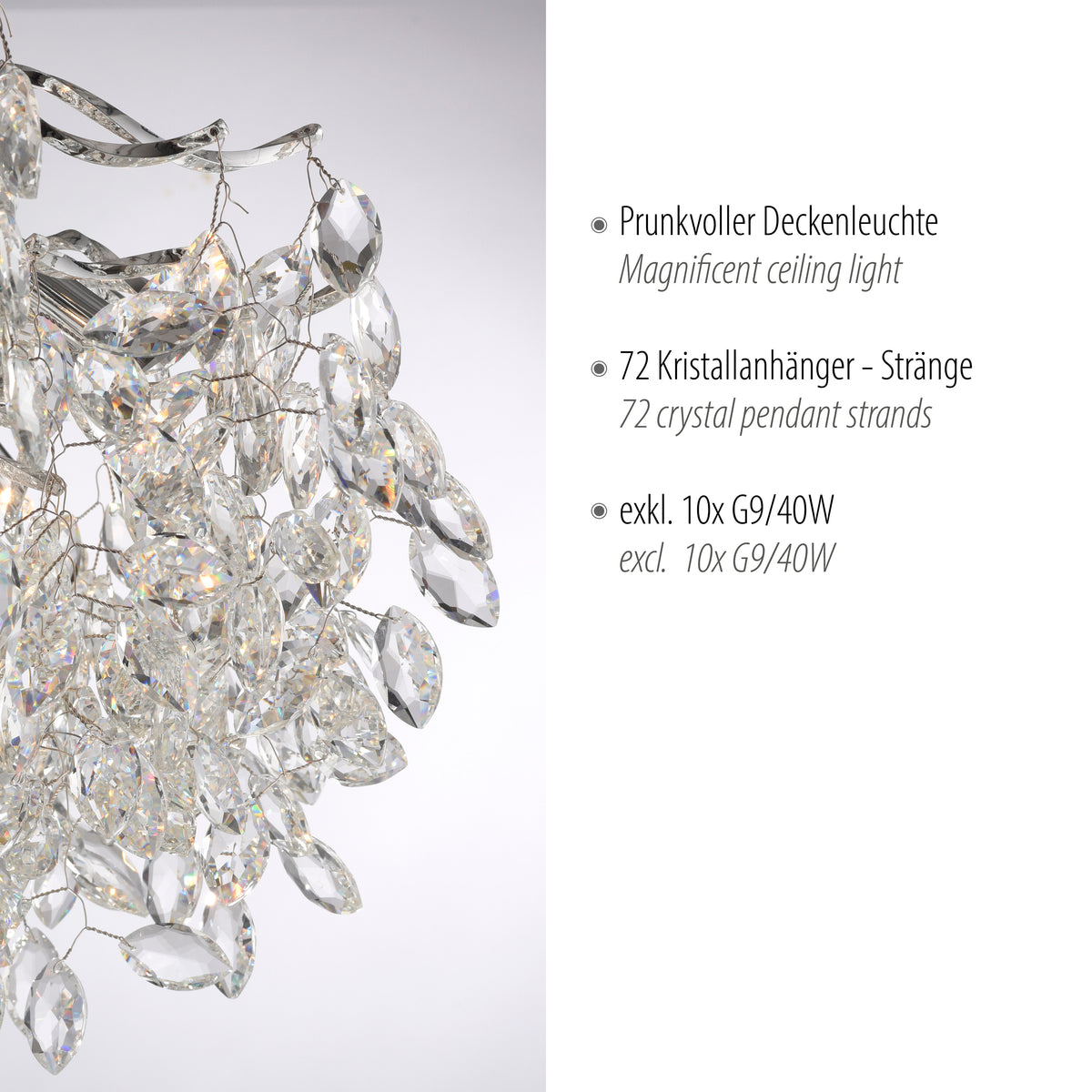 Plafonnier Ricicle 10 lumières chromé, cristal