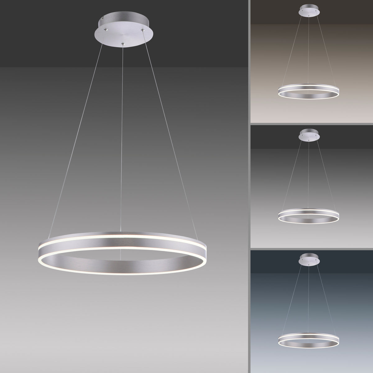 Comparatif visuel de plusieurs tailles du luminaire suspendu, présentées sur des fonds dégradés.