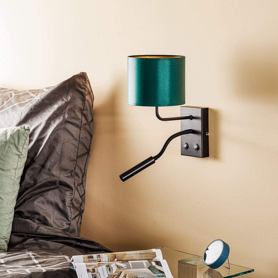 Applique murale Soho en tissu, vert et noir, 2 lumières, hauteur 38 cm, largeur 18 cm