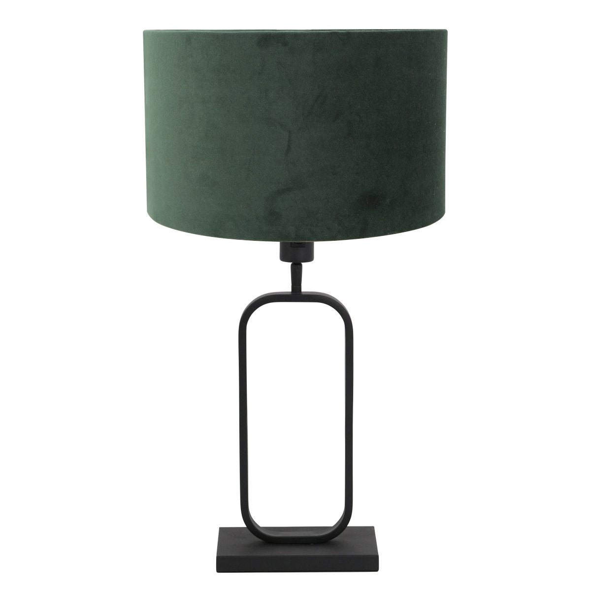 Vue de trois quarts du luminaire, révélant le cadre rectangulaire noir du pied