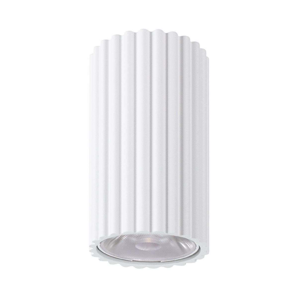 Version blanche du plafonnier cylindrique strié, présentée de face sur fond blanc.