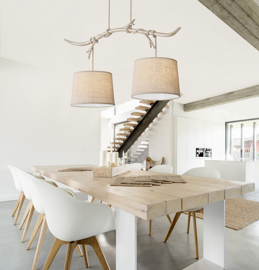 Suspension Sabina 2 lumières effet bois, tissu