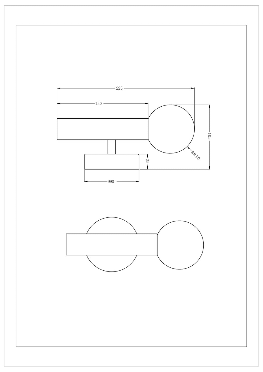 Schéma technique coté du luminaire avec dimensions en millimètres, vue de dessus et de profil