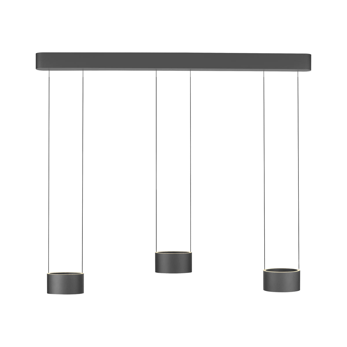 Vue de face sur fond blanc, trois cylindres suspendus et barre rectangulaire