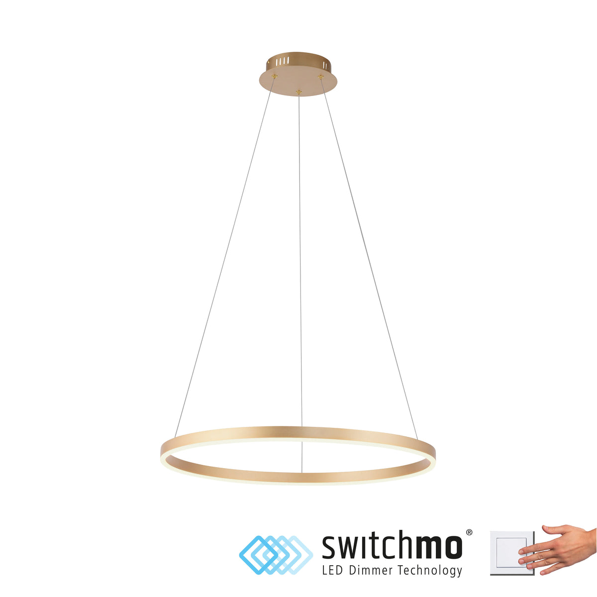 Suspension anneau laiton avec logo Switchmo et main actionnant un interrupteur.