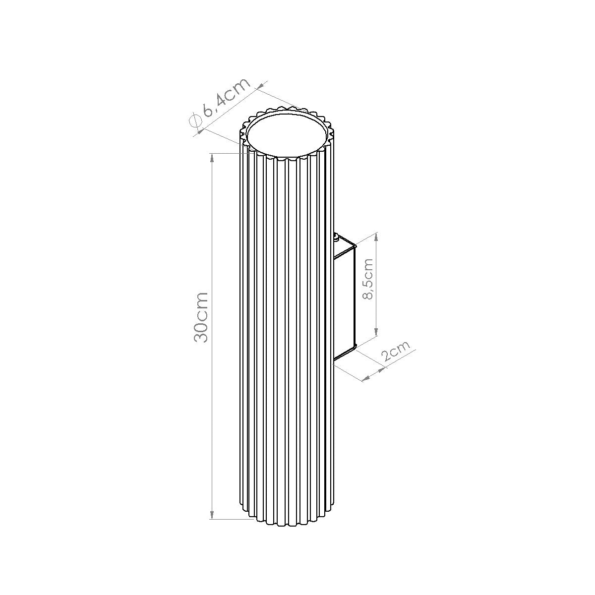 Schéma technique coté indiquant 30 cm de hauteur et 6,4 cm de diamètre