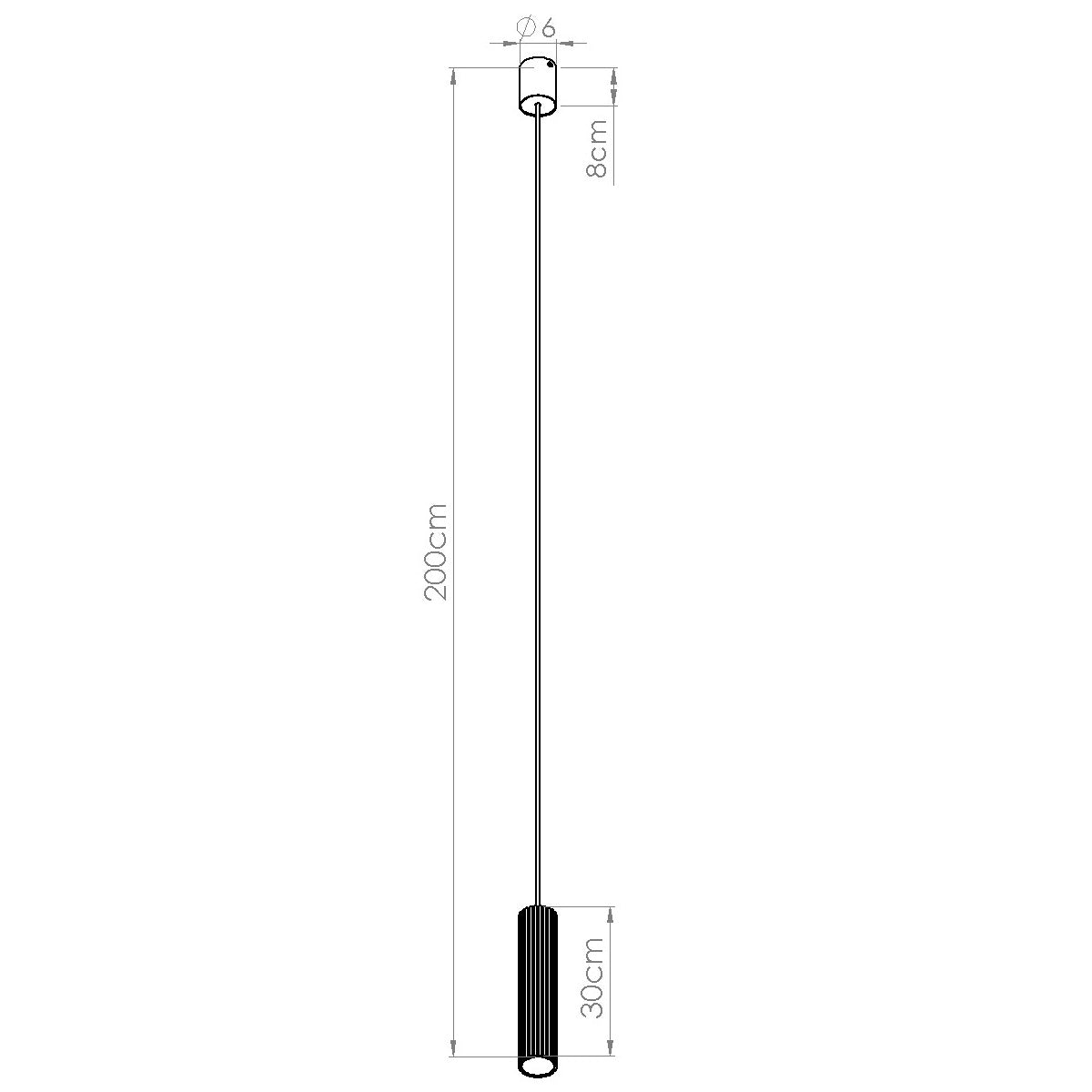Schéma coté du luminaire : hauteur totale 200 cm, abat-jour 30 cm, rosace six centimètres.