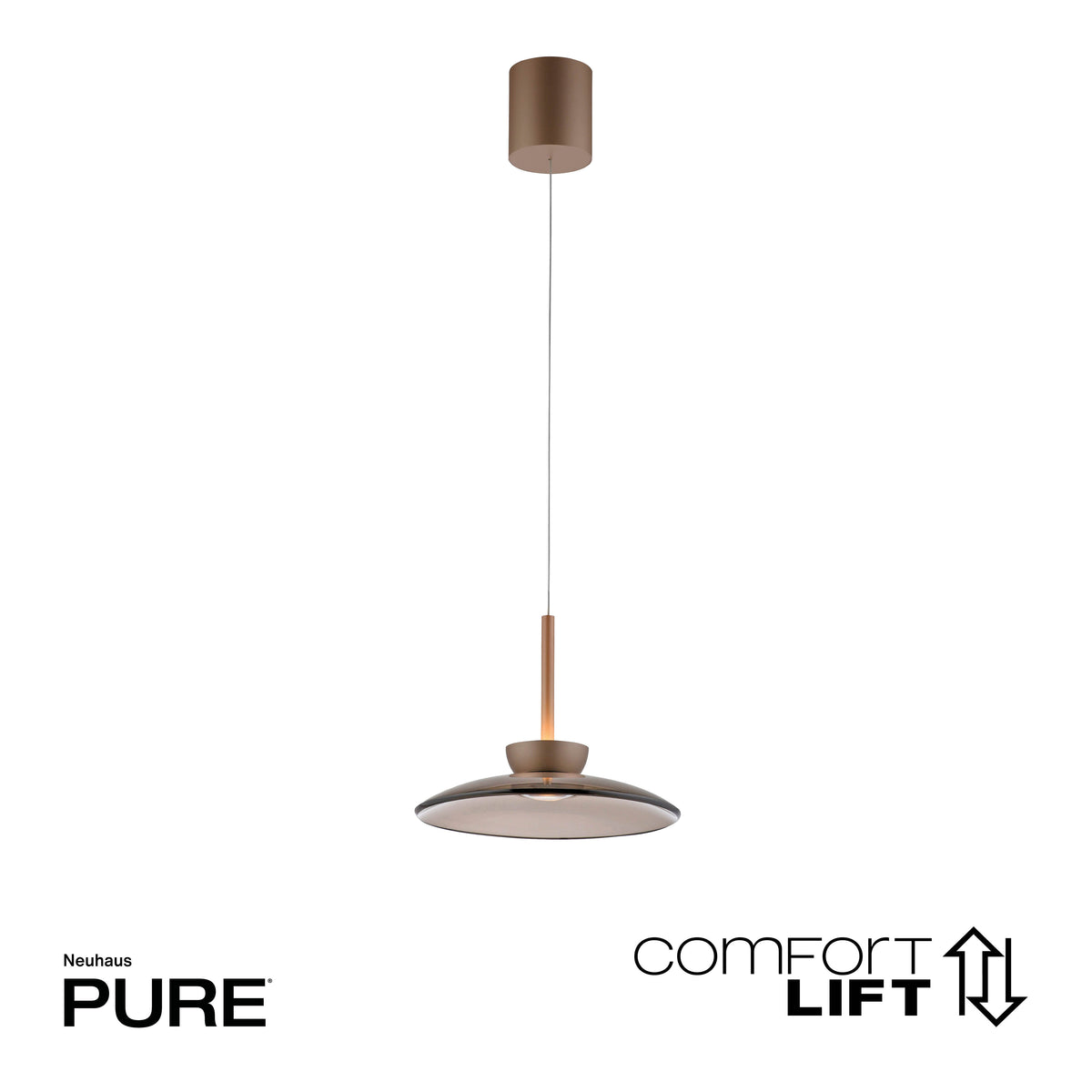 Packshot du luminaire sur fond blanc avec logos de la marque et mention comfort lift