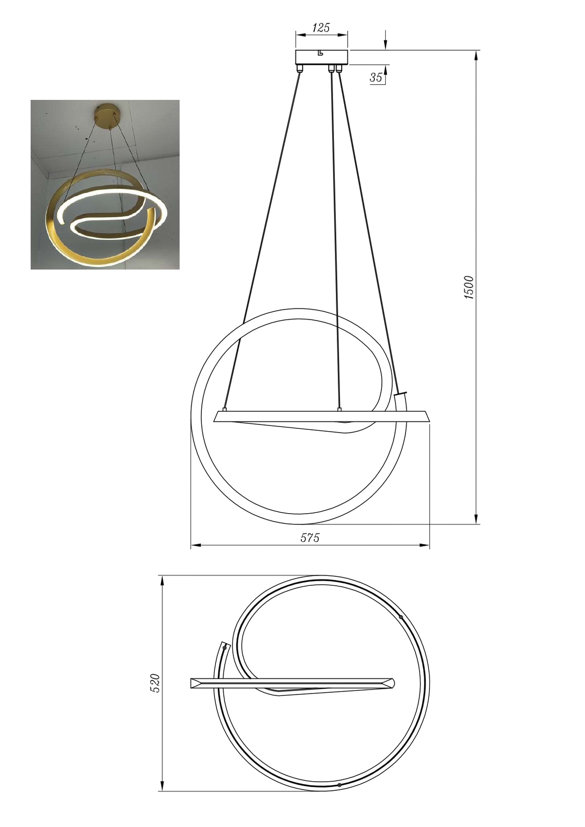 Suspension Velenne dorée, L 52 cm