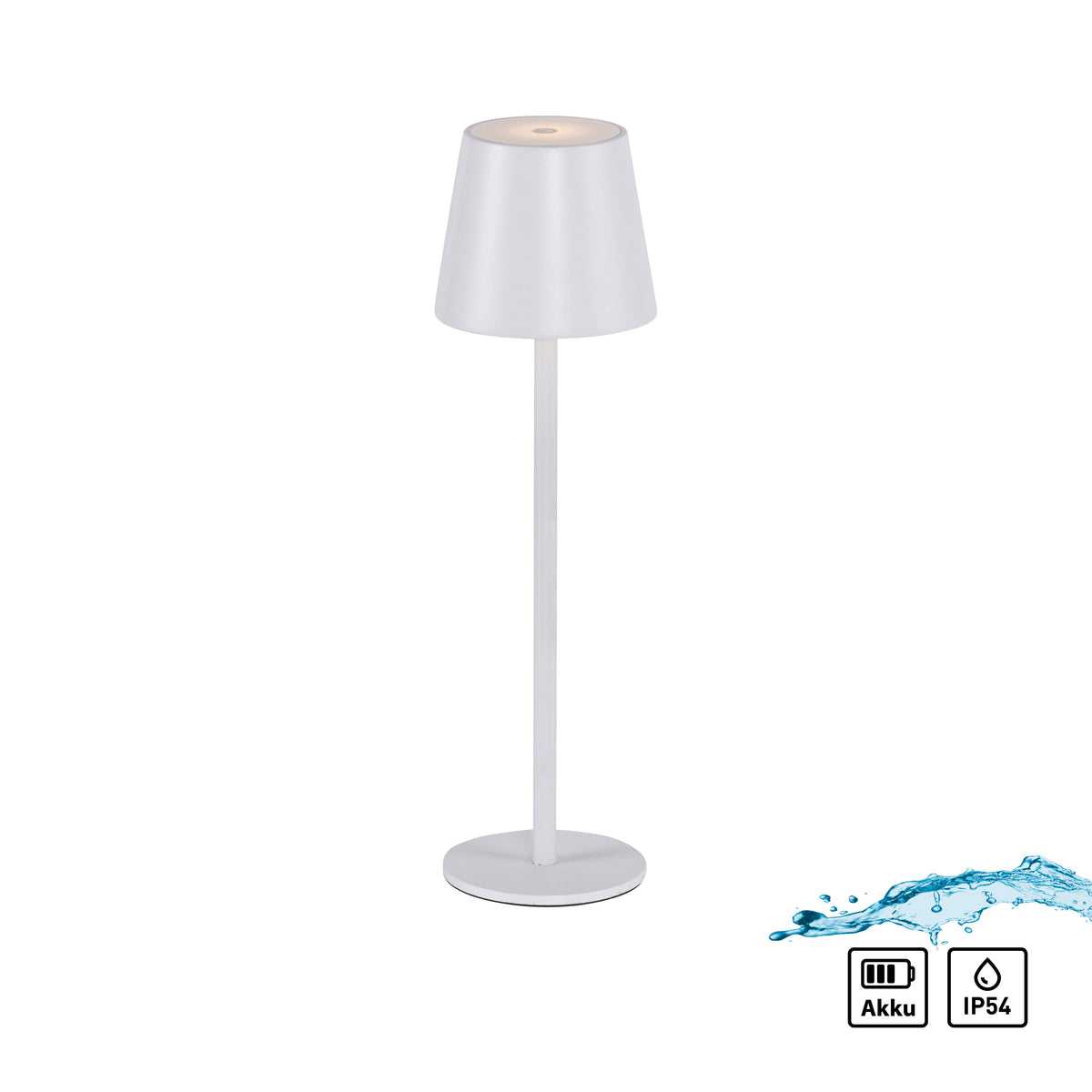 Lampe blanche avec pictogrammes batterie Akku et indice de protection IP54, éclaboussures.