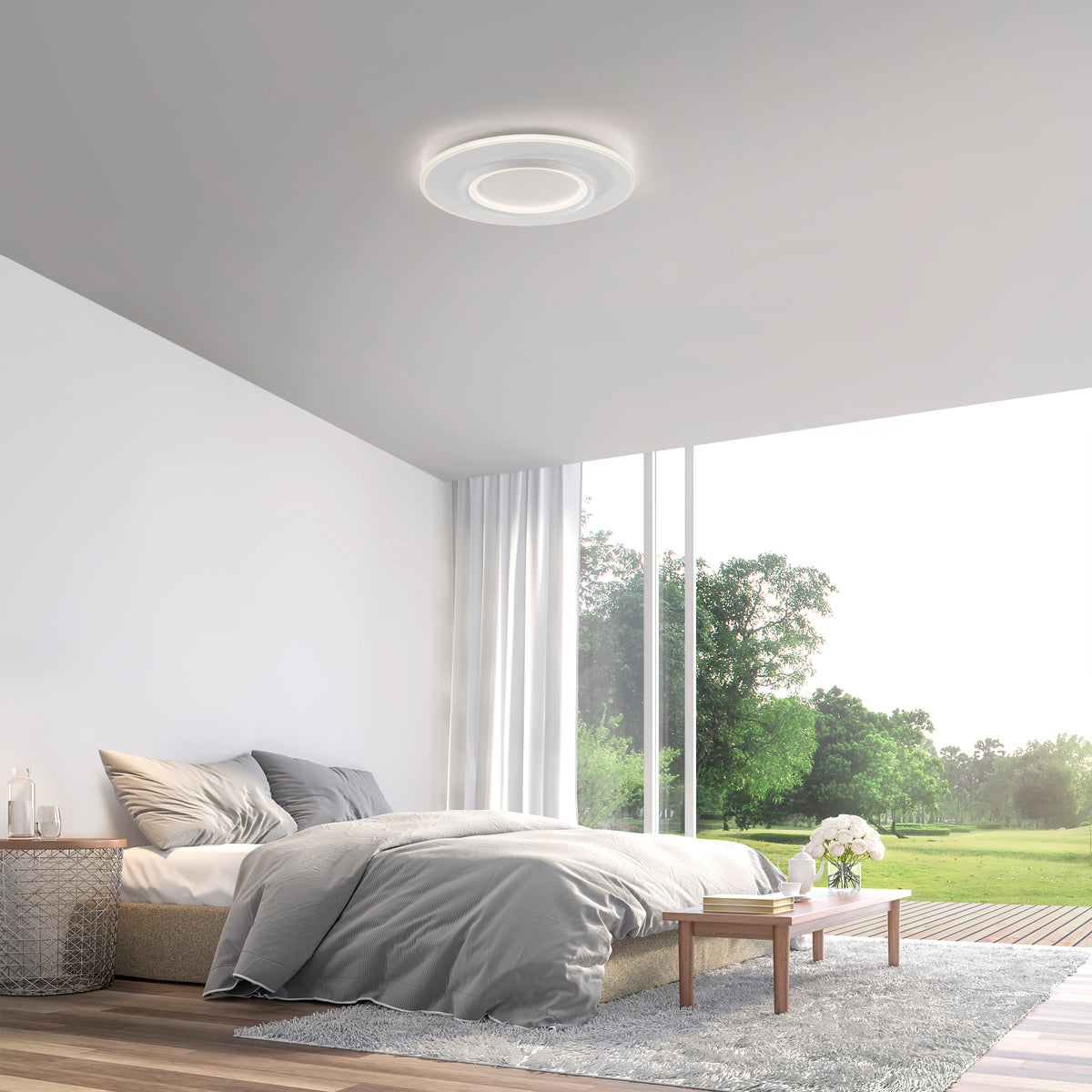 Mise en ambiance du plafonnier allumé au plafond d'une chambre lumineuse.